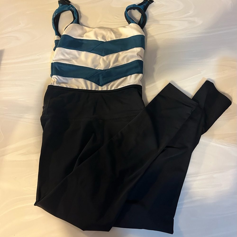 Girls Teal & White Striped One-Piece Bodysuit with Black Leggings